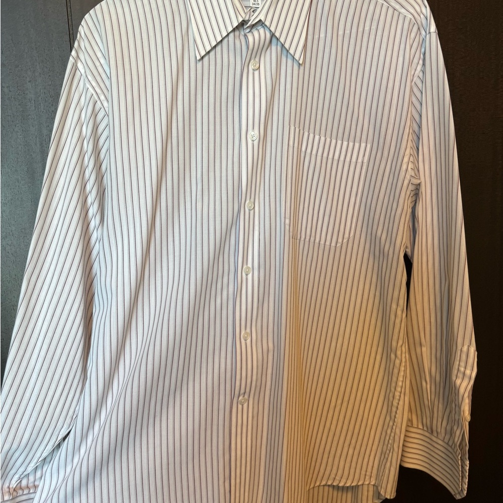 Balmain White Dress Shirt with grey and cranberry red Pinstripes